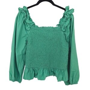 The Drop Smocked Top Womens Large Kelly Green Square Neck Long Sleeve Boho Shirt